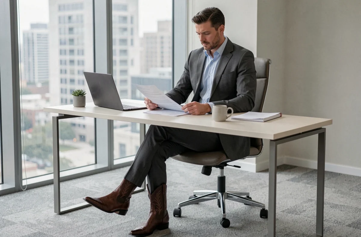 Homme en costume gris portant des santiags marron au bureau dans un cadre professionnel urbain