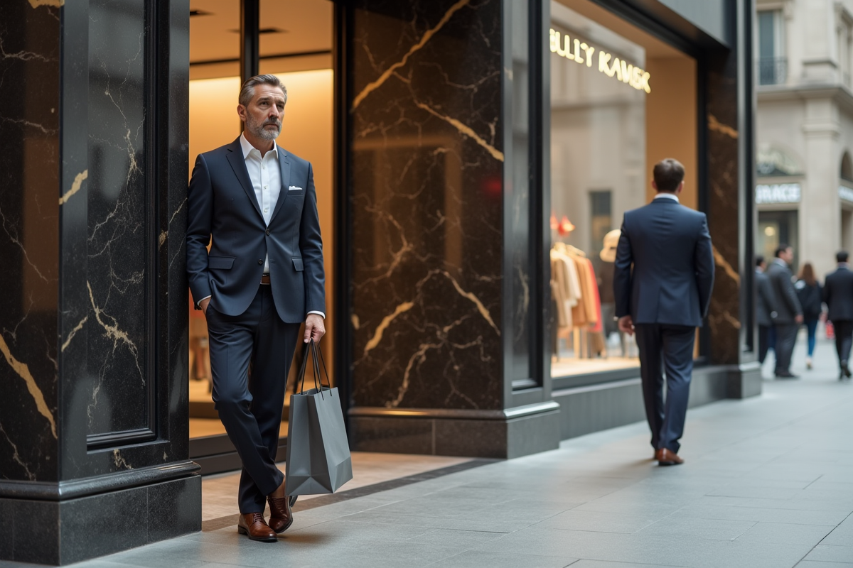 Homme confiant devant un magasin de luxe en ville