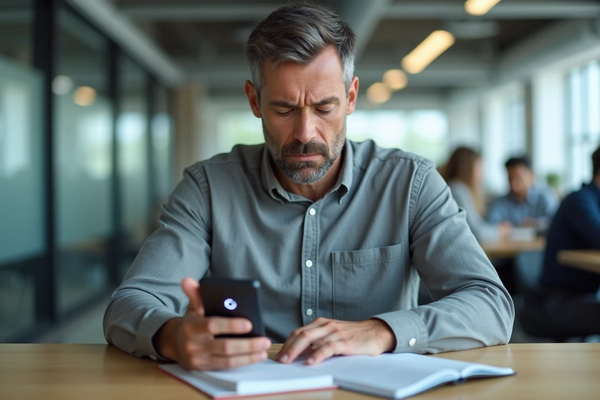 Homme en entreprise consultant son smartphone face à un problème de connexion sur monespacehabillement