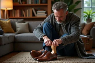 Homme d age moyen examine un arbre a chaussures en cuir
