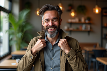 Homme élégant dans un café avec barbe moderne et sourire
