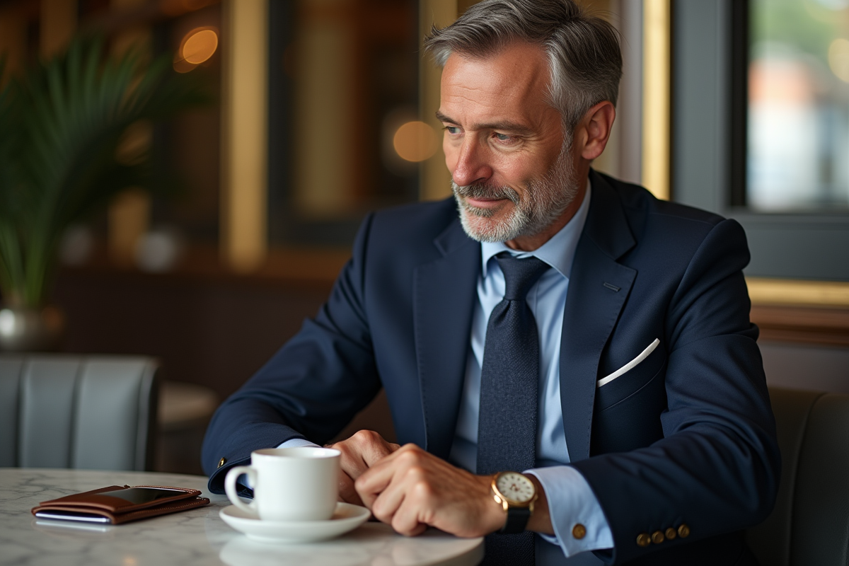 Homme en costume dans un café haut de gamme