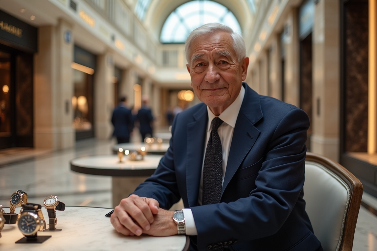 Homme âgé en costume dans un centre commercial luxe avec montres