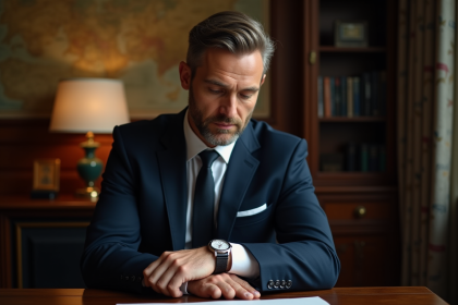 Homme en costume navy examine une montre classique