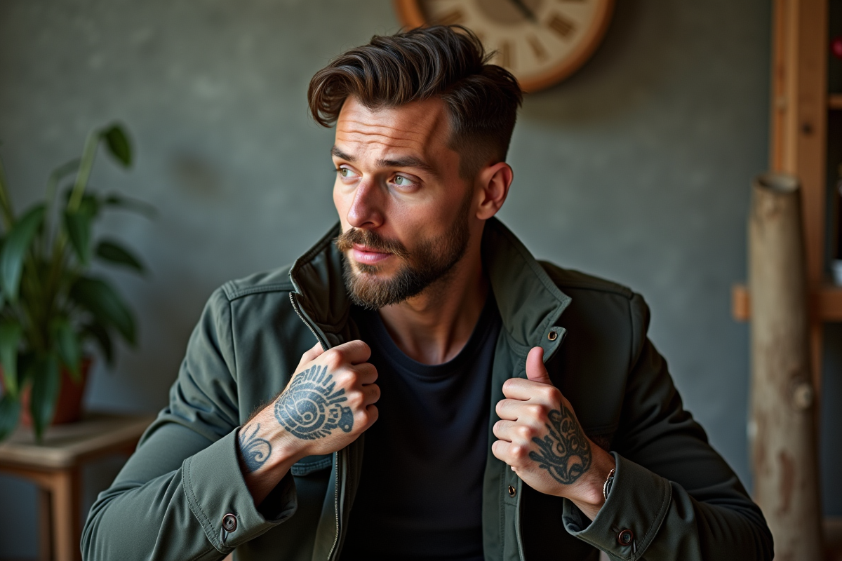 Homme avec tatouage Maori en studio ajustant veste écologique