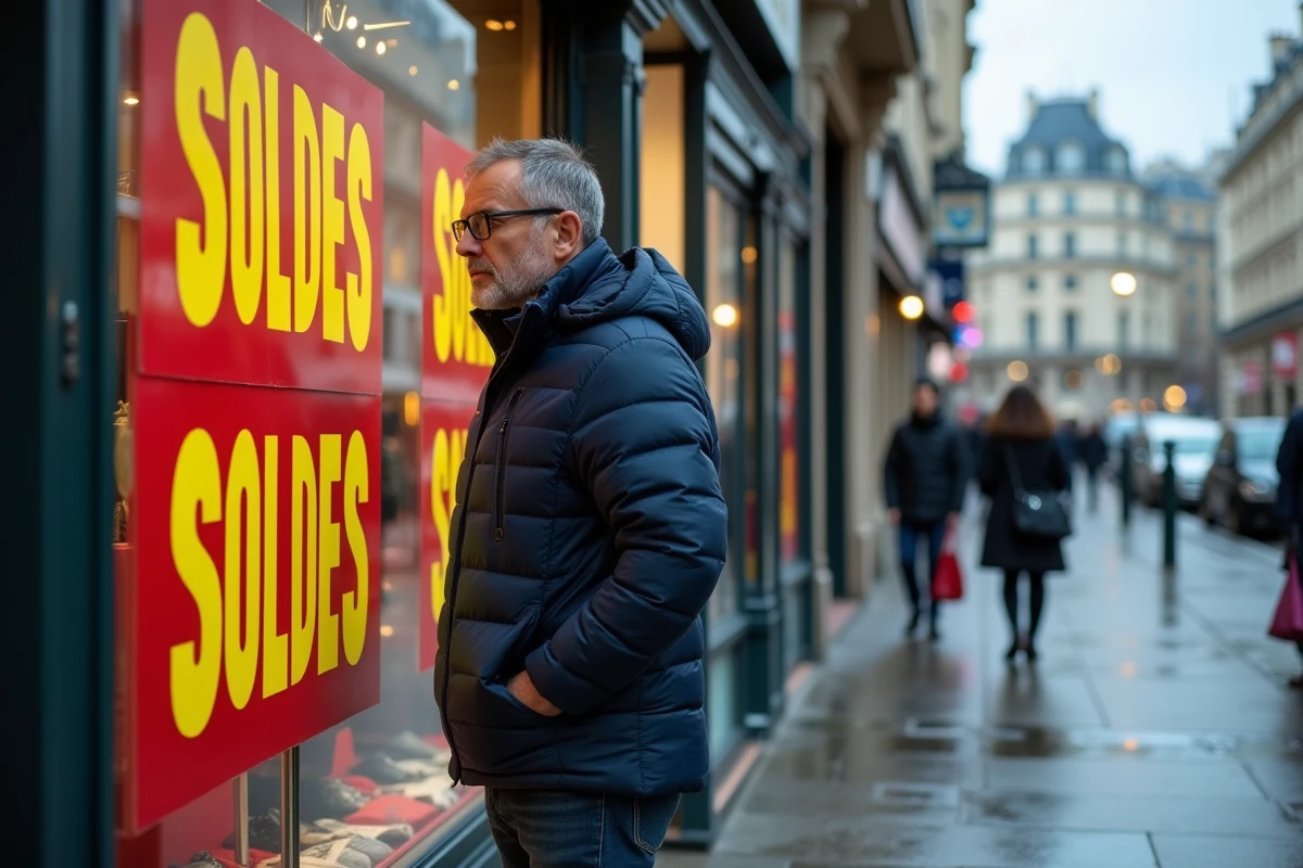 Homme devant une vitrine de magasin parisien affichant des panneaux soldes d'hiver avec une façade haussmannienne en arrière-plan