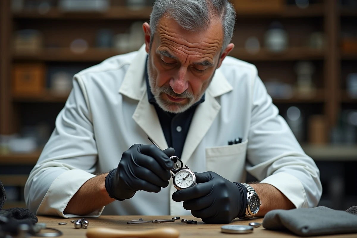 Horloger expert examinant le fond de boîtier d'une montre suspecte avec une loupe de bijoutier dans son atelier