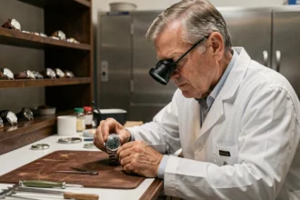Horloger suisse examinant une montre Rolex dans un atelier traditionnel à Genève