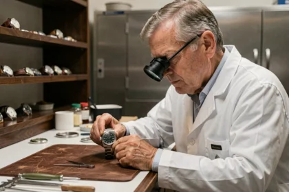 Horloger suisse examinant une montre Rolex dans un atelier traditionnel à Genève