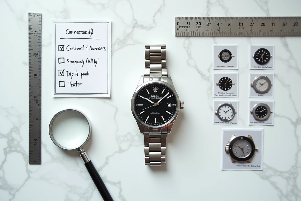Vue à plat d'une montre contrefaite entourée d'outils d'inspection et d'une checklist annotée pour identifier les indices de faux