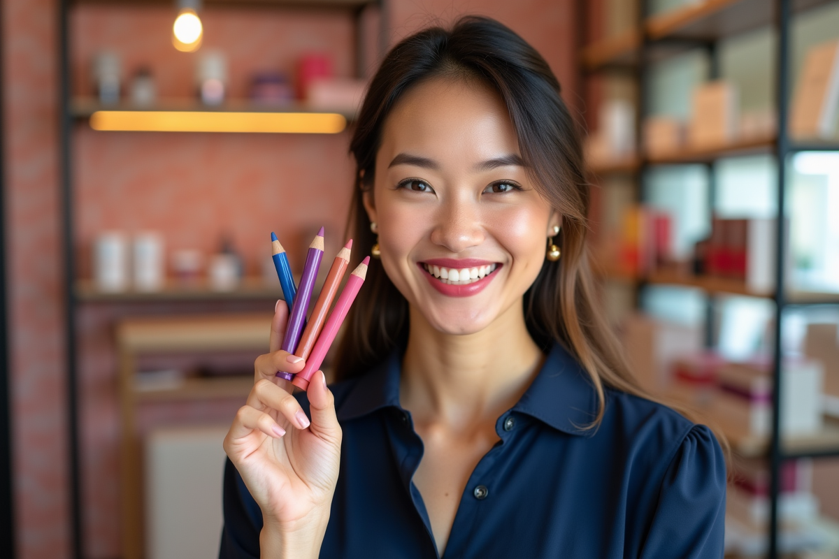 Jeune femme souriante tenant trois crayons à lèvres dans une boutique de maquillage