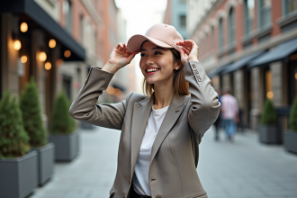 Jeune femme en blazer et casquette pastel dans la ville