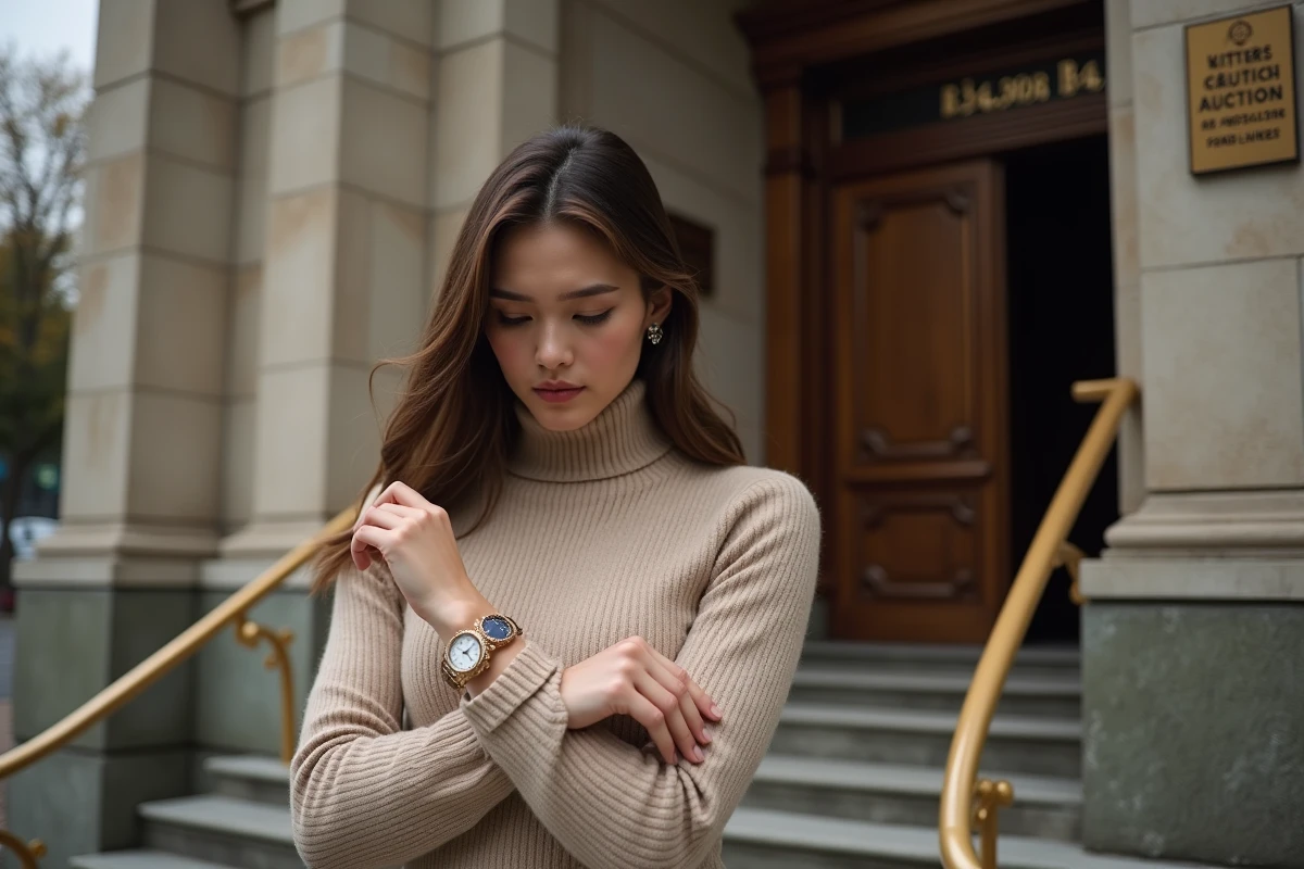 Jeune femme admirant une montre de luxe devant une maison de vente