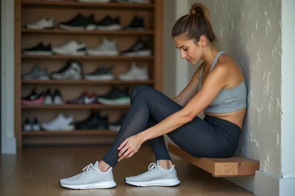 Jeune femme en tenue de sport ajuste ses chaussures de course