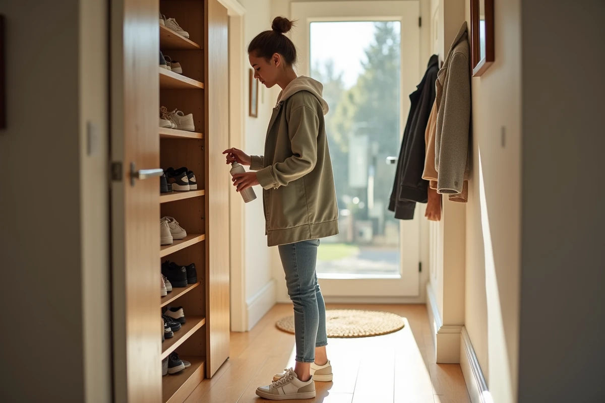 Jeune femme vaporise un deodorant sur ses sneakers