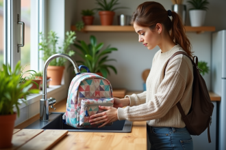 Jeune femme nettoyant un sac à dos coloré dans la cuisine