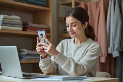 Jeune femme photographie un vetement coloré avec son smartphone