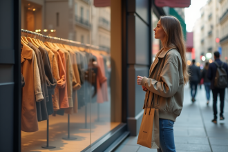 Jeune femme regardant la vitrine d un magasin de mode rapide