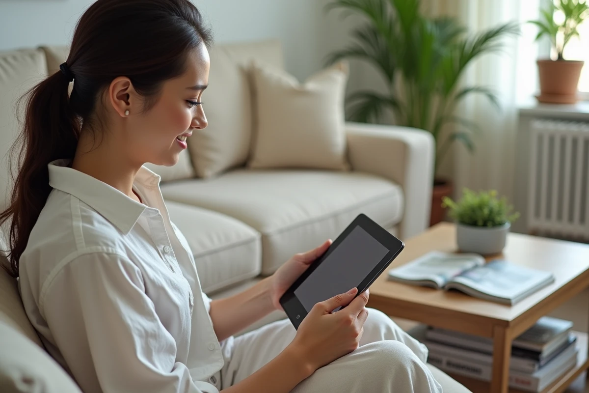 Jeune femme décontractée consultant un site fan sur une tablette dans un salon cosy