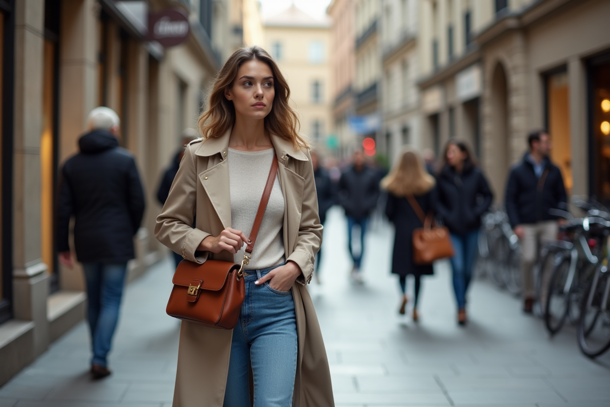 Jeune femme urbaine en trench et jeans dans la ville