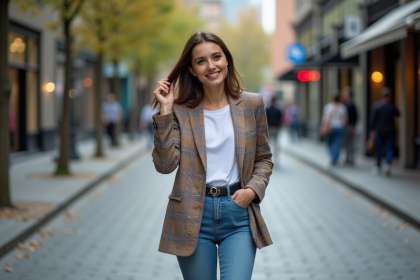 Jeune femme en blazer à la ville souriante