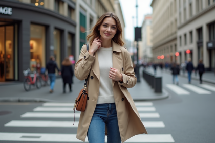 Jeune femme en trench et jeans dans la ville