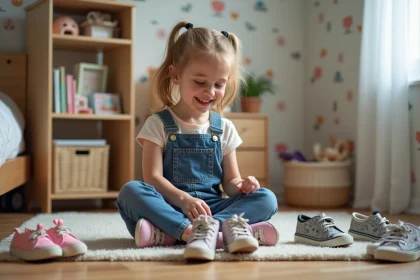 Jeune fille en salopette essayant ses nouvelles sneakers dans sa chambre