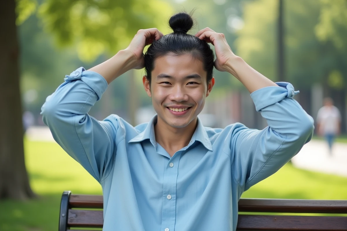 Jeune homme asiatique faisant un bun dans un parc urbain