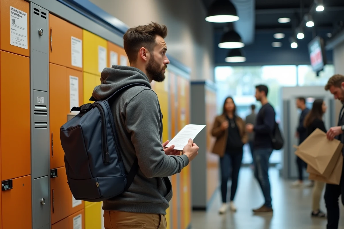 Jeune homme au comptoir de dépôt de colis en milieu urbain
