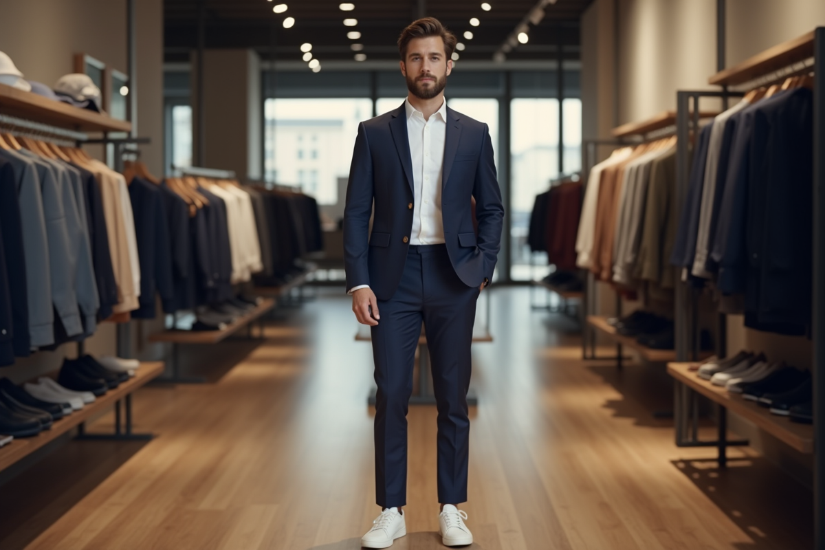 Jeune homme en tenue casual chic dans un showroom moderne