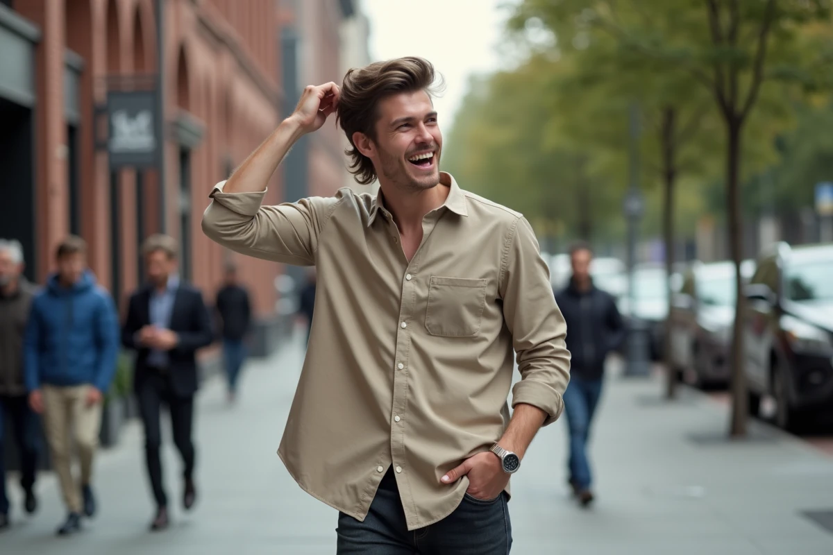 Jeune homme souriant avec un mullet en ville
