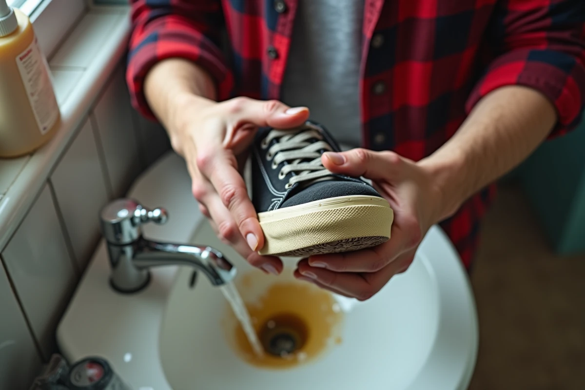 Adolescent montrant comment nettoyer une semelle de sneaker usée