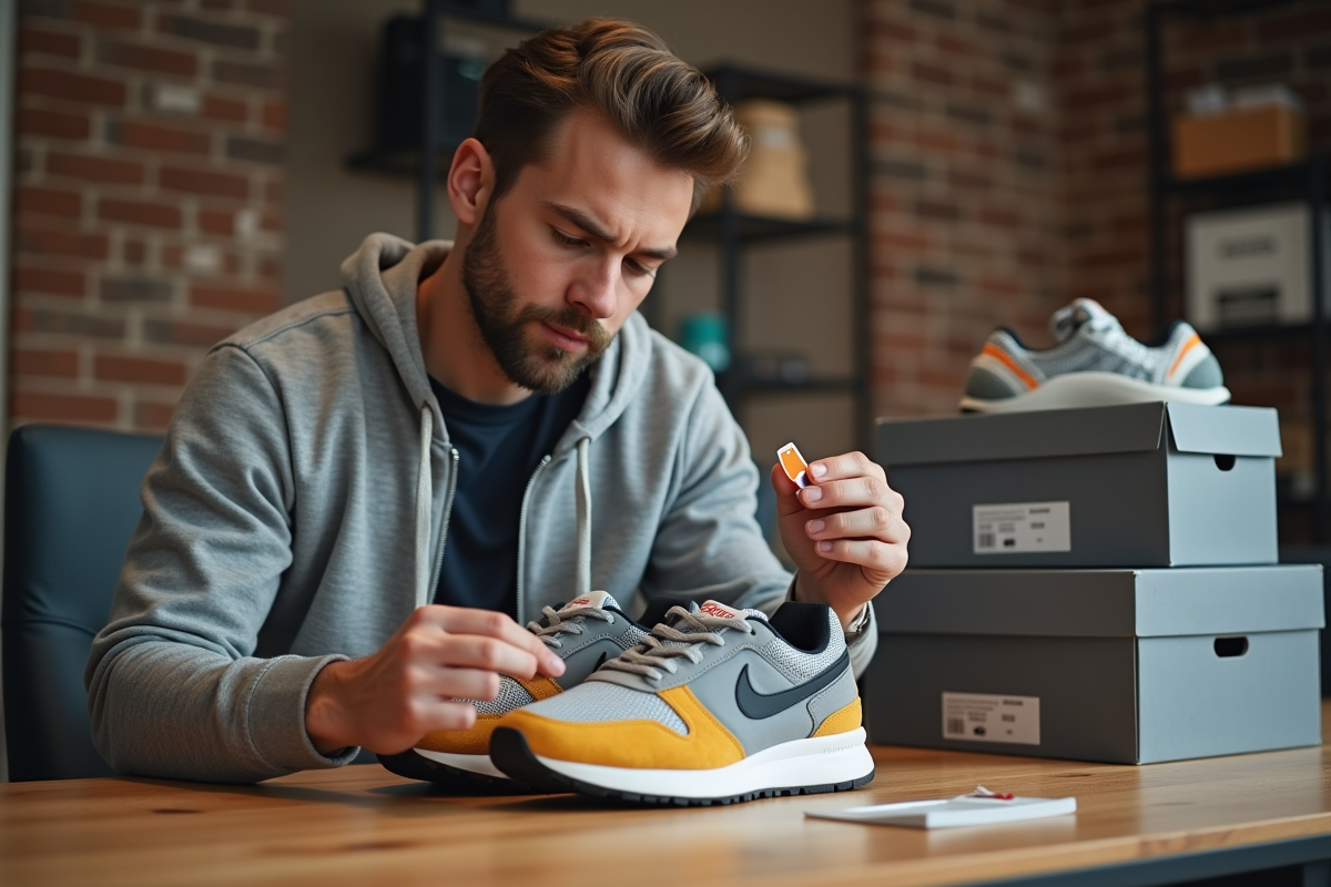 Jeune homme examine des sneakers colorés dans un appartement moderne