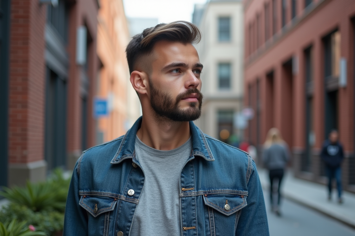 Jeune homme en denim dans la rue avec barbe courte