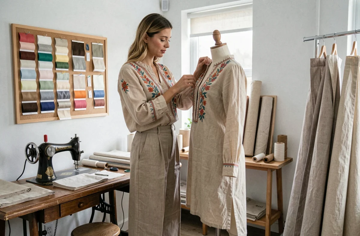 Créatrice ajustant une pièce unique sur un mannequin de couture dans l'atelier-boutique Jorlia à Bordeaux