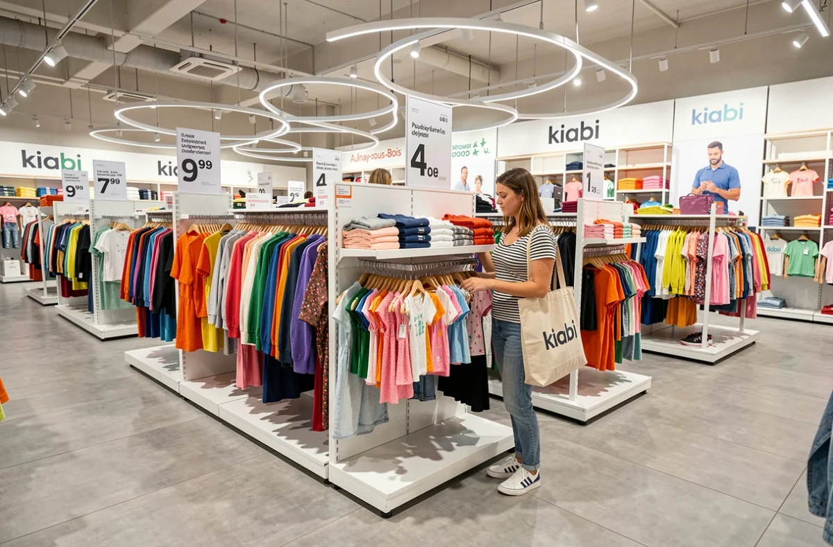 Intérieur du magasin Kiabi à Aulnay-sous-Bois avec des rayons de vêtements accessibles pour toute la famille