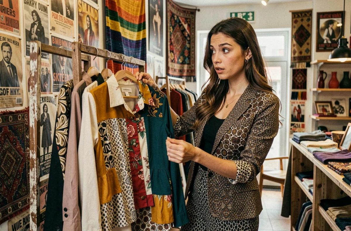 Femme au style audacieux inspectant un vêtement original dans la boutique La Frange à l'envers à Bordeaux