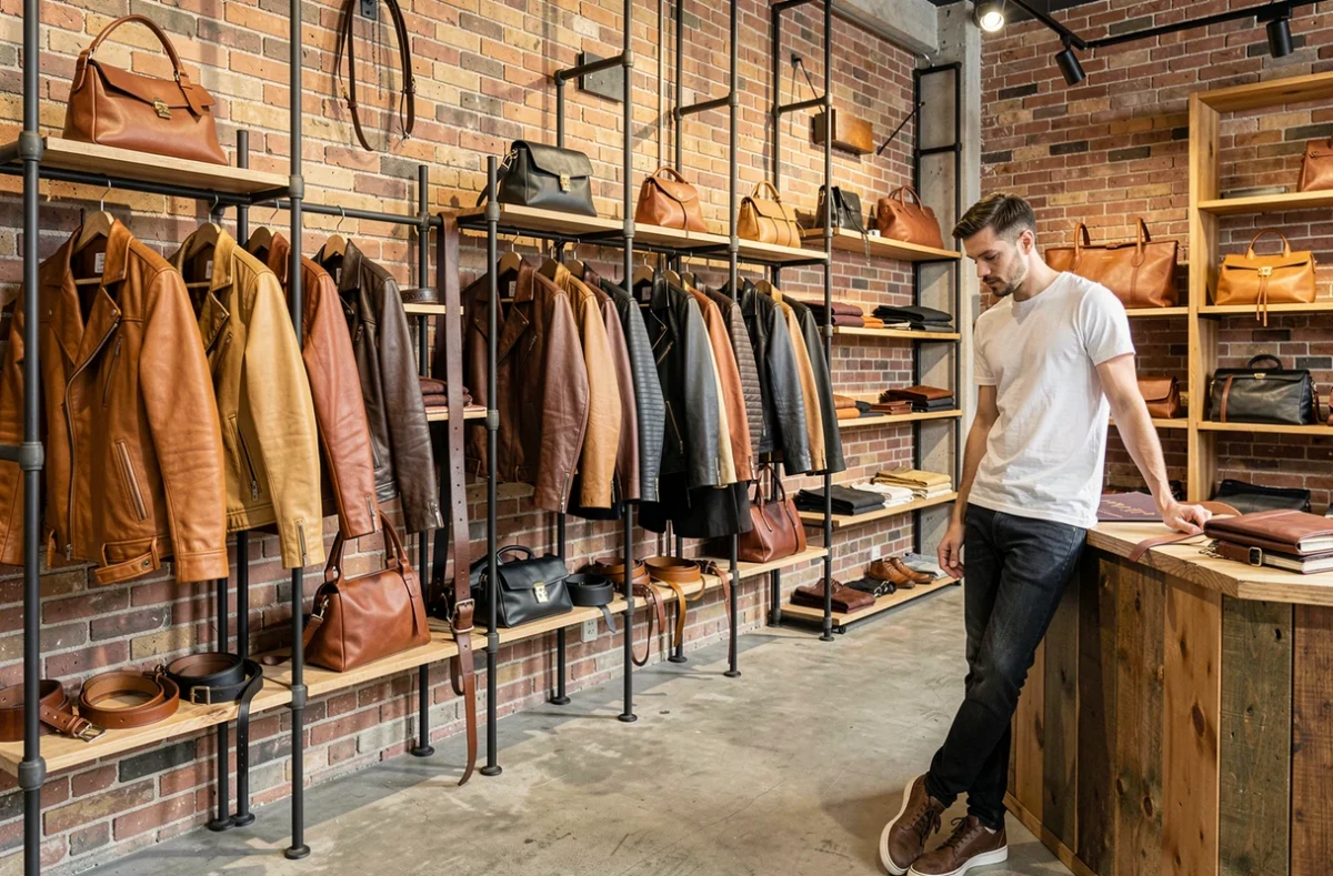 Boutique Label Peaux avec des vestes en cuir et des accessoires sur des présentoirs industriels en brique apparente