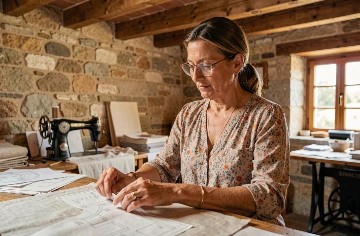 Laure Cazin examinant un patron de couture dans son atelier de tailleur sur mesure à Fuveau