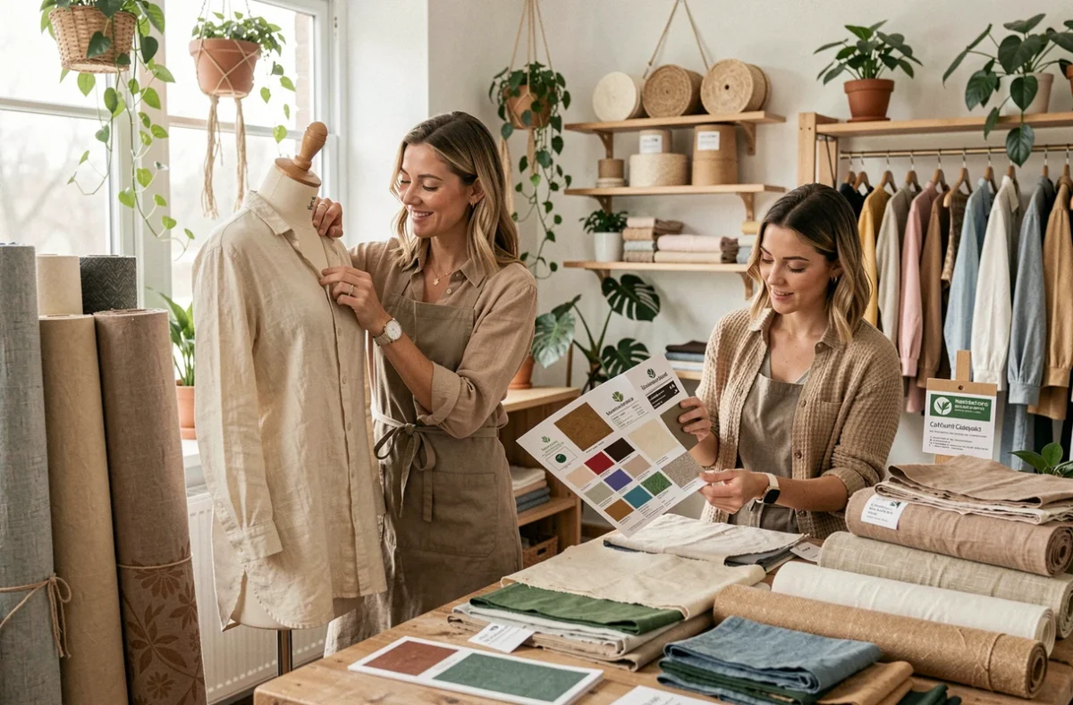 Artisanes des Midinettes travaillant sur une confection sur mesure en tissu écologique dans leur atelier durable
