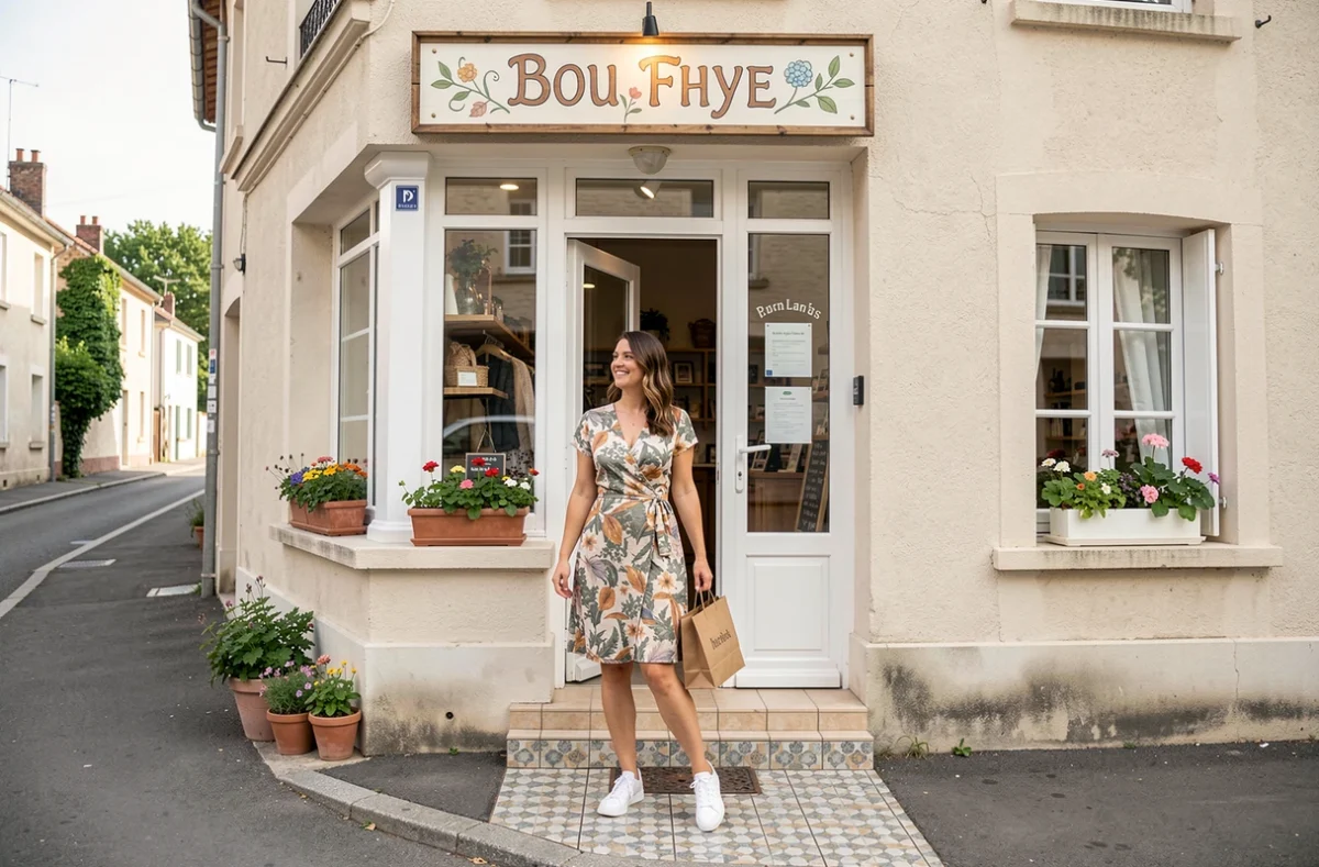 Femme souriante sortant de la boutique Les Pipelettes à Talence avec un sac shopping, ambiance boutique de quartier