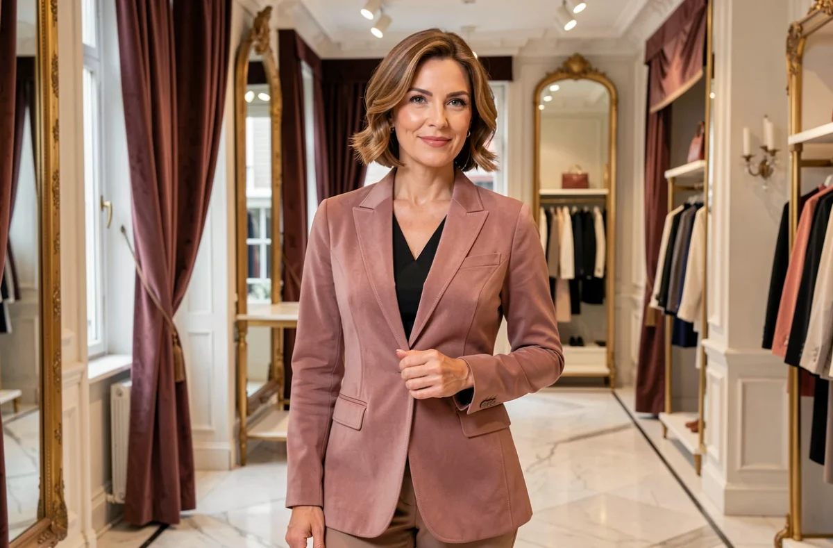 Femme élégante essayant un blazer raffiné dans la boutique Lolita N°5 à Bordeaux, ambiance chic et féminine