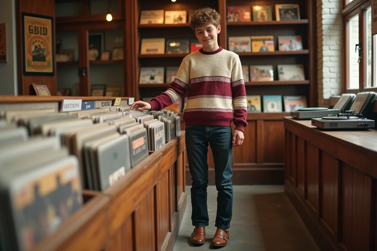 Adolescent en pull rayé style années 60 et jean droit cherchant des vinyles dans un magasin de disques rétro