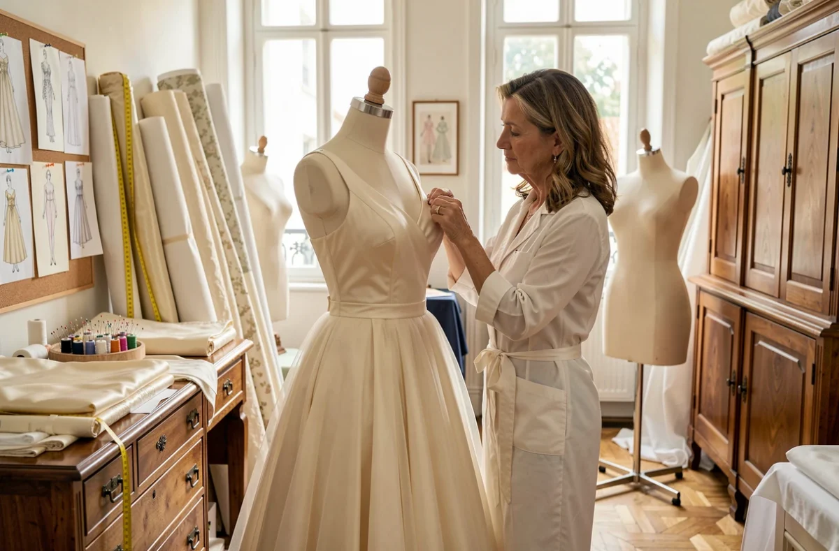 Atelier de la Maison de Couture Caroline Bouvier à Montpellier avec une couturière épinglant une robe de soirée sur mesure sur un mannequin de couture