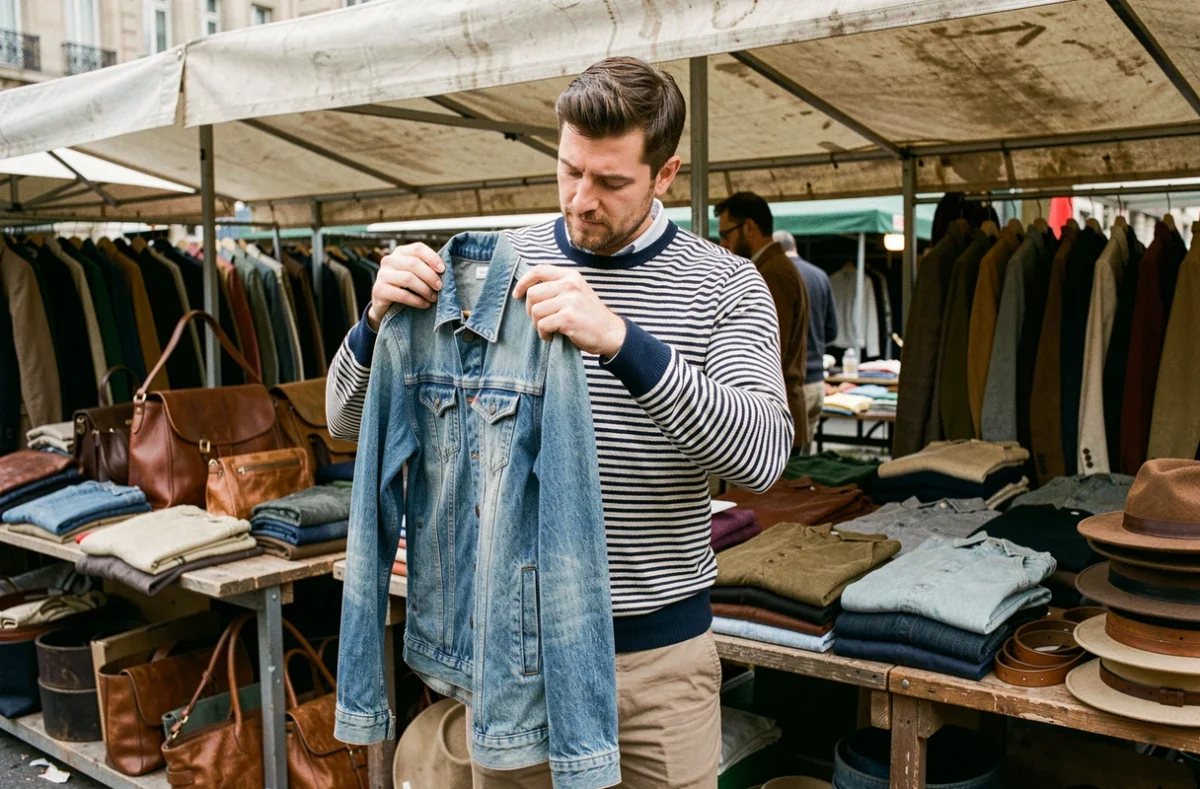 Homme inspectant une veste en jean vintage sur un stand du marché aux puces de Saint-Ouen à Paris