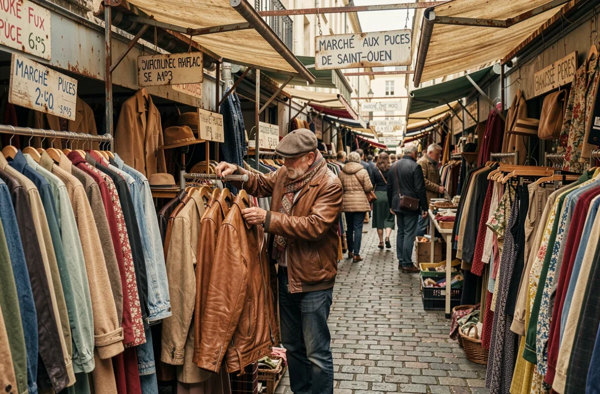 Allée du Marché aux Puces de Saint-Ouen avec des stands de vêtements vintage et un vendeur arrangeant des vestes en cuir