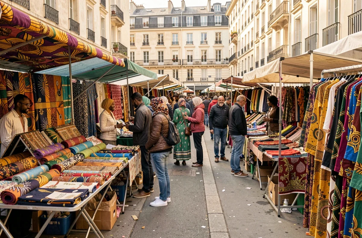Marché de Saint-Denis avec des étals de vêtements colorés et de tissus africains dans une ambiance multiculturelle animée