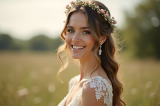 Jeune mariée avec tresse bohème fleurs naturelles