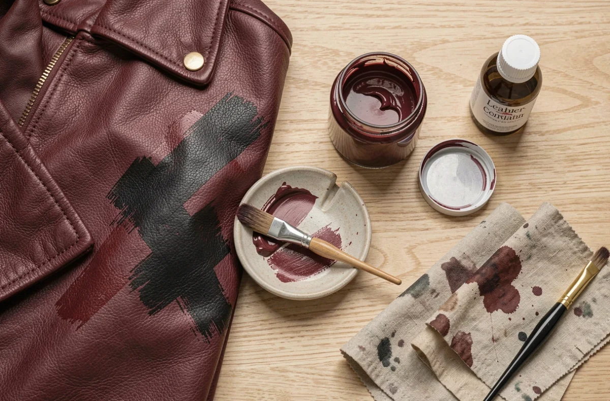 Vue de dessus de matériel de peinture pour cuir avec veste, pinceaux et pots de peinture sur table en bois