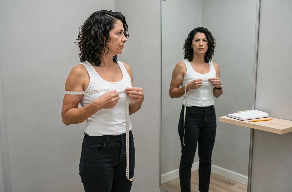 Femme mesurant son tour de poitrine avec un mètre ruban devant un miroir en pied dans une cabine d'essayage
